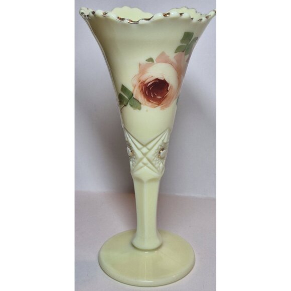 Jefferson Diamond W/ Peg Rose Decorated Custard Glass Vase Glows Art Deco - Picture 7 of 16